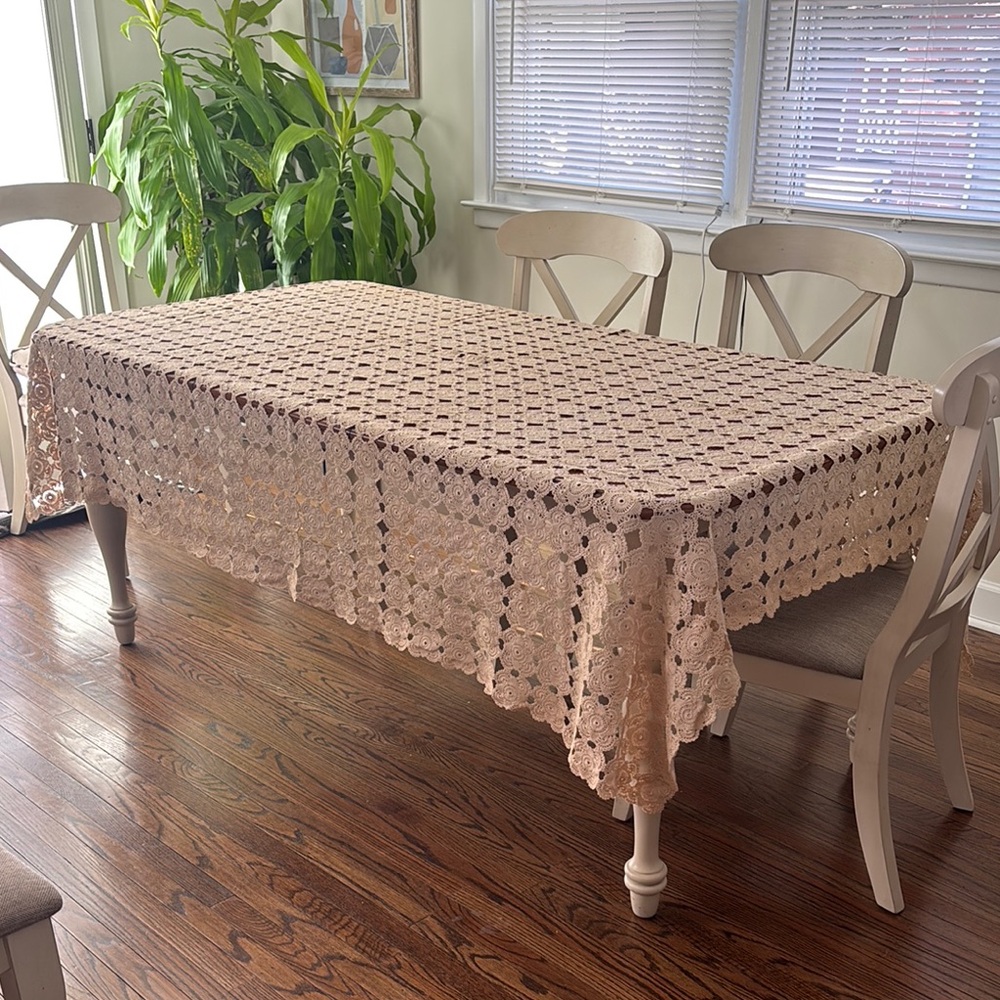 Elegant Vintage Handmade Crochet Tablecloth in Cream